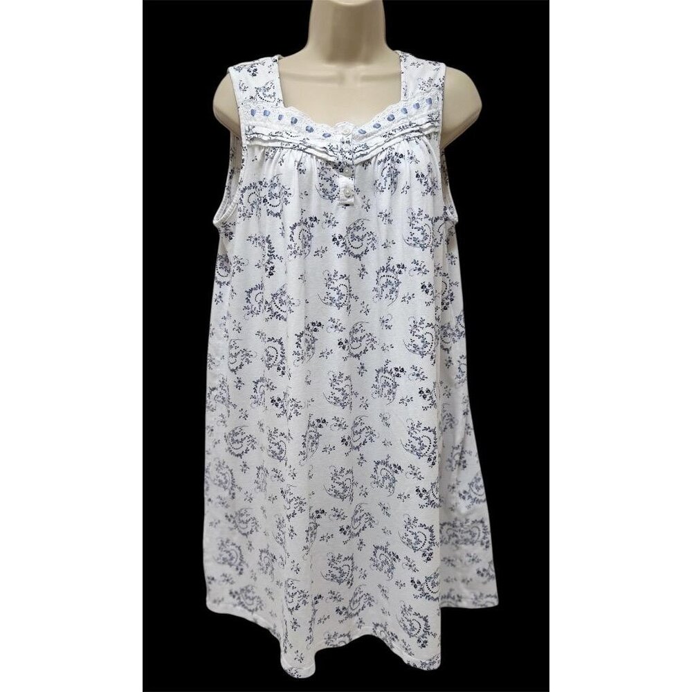 Adonna L Nightgown Cotton Knit White Blue Sleeveless Summer MISSING SIZE